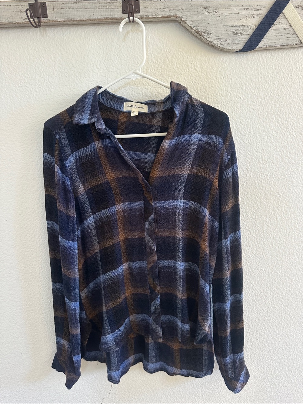cloth & stone navy, black and brown plaid shirt